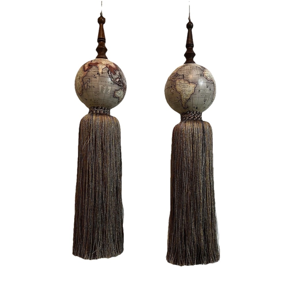 Vintage Decorative Curtain Tassels Olde World Style Globes Browns Wood Finials